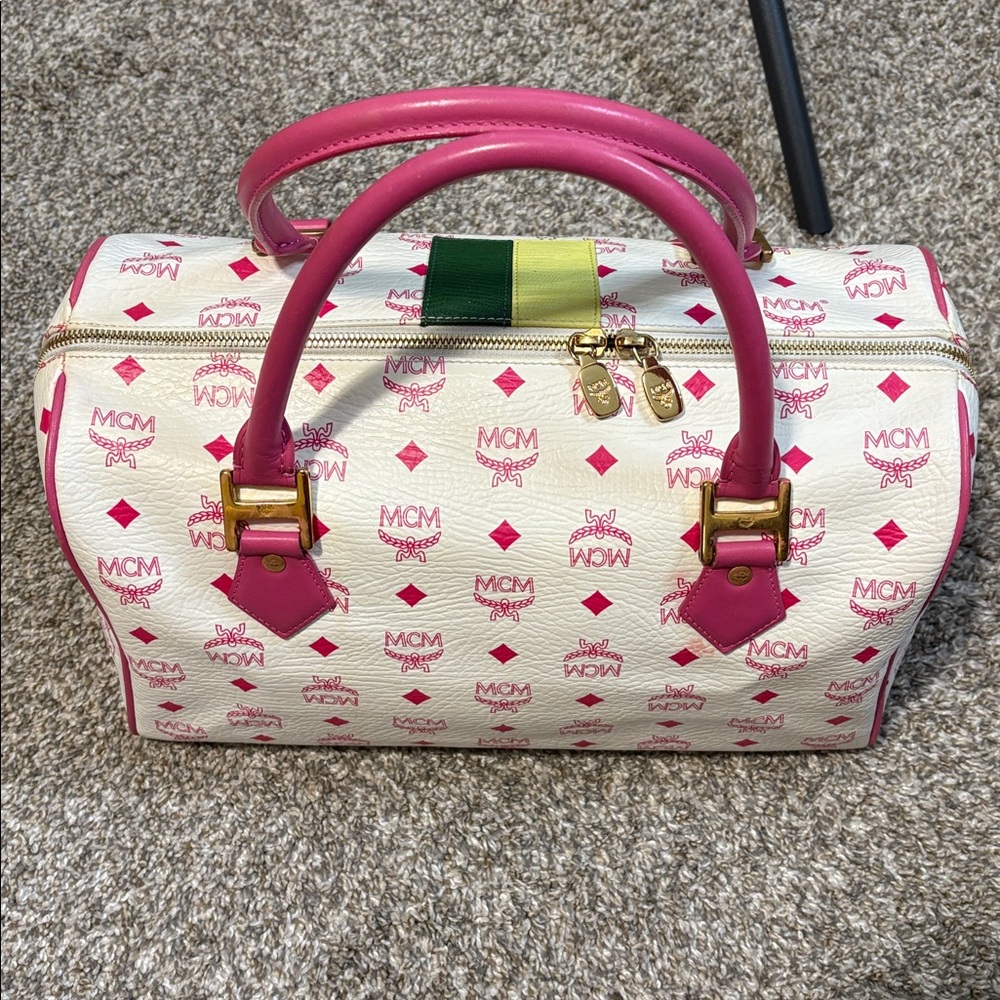 MCM White Satchel with Pink Handles and Multicolor Stripe - Picture 3 of 10
